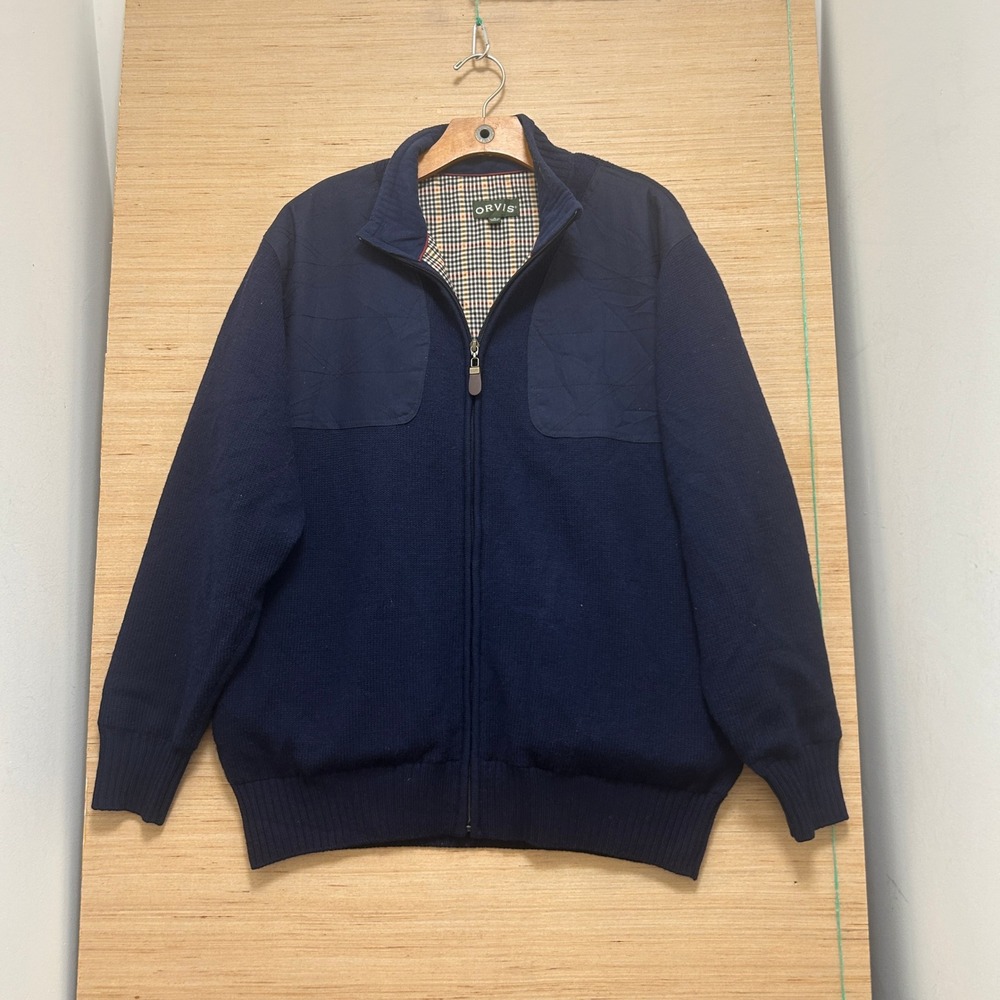 Orvis Mens Navy Blue Full Zip Cardigan Sweater Plaid Lined Shooting Patches M